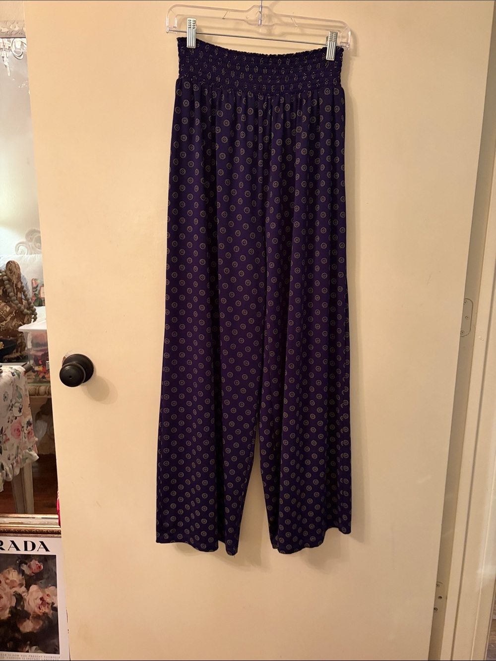 H&M Navy Wide-Leg Printed Smocked-Waist Pants
